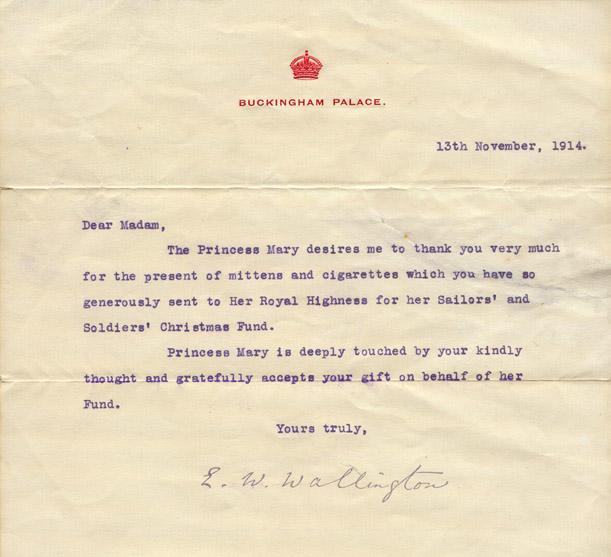Thank you note from Buckingham Palace for contributions to the Sailors' and Soldiers' Fund, November, 1914.