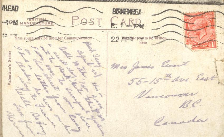[1917] 
Rock Ferry
April 22

Hello Mother, this is a swell day, I am going out to Park later this p.m.  I was over in Liverpool yesterday, on Lime Street.  Some place.  I had a letter from Casey Clarke, he was on his way to France.
Well so long

Love from
Norm