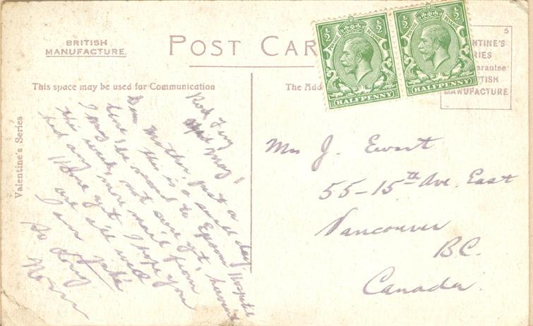 [1917] 
Rock Ferry
May 1

Dear Mother, just a line, this is a swell day.  I may be moved to Epsom Hospital this week, not sure yet, haven't had anymore mail from home yet.  I hope you are all well.  I am jake.

So long 
Norm