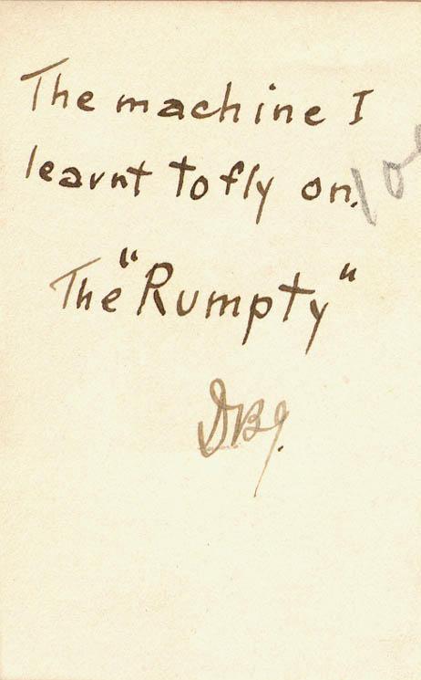 Picture, Jan 02, 1918. Back. 
The machine I leavnt to fly on.
The "Rumpty" 
DBJ.