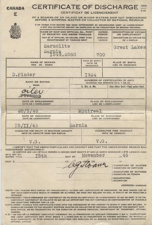 Pinder. Certificate of discharge. 1946