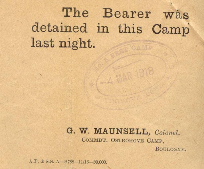 March 1918, Rest Camp Ticket