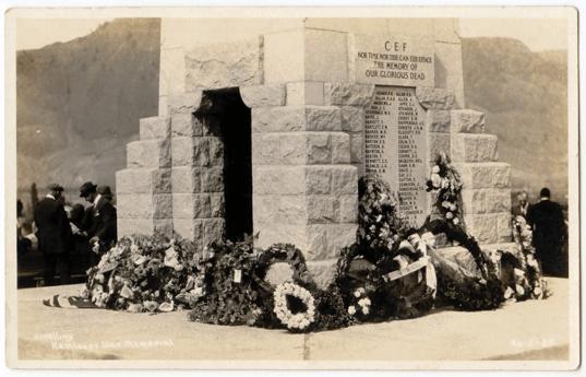 Wreaths at base of the Kamloops Cenotaph in dedication ceremony, May 24, 1925.