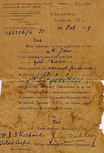 Wounded pension notification, 1919